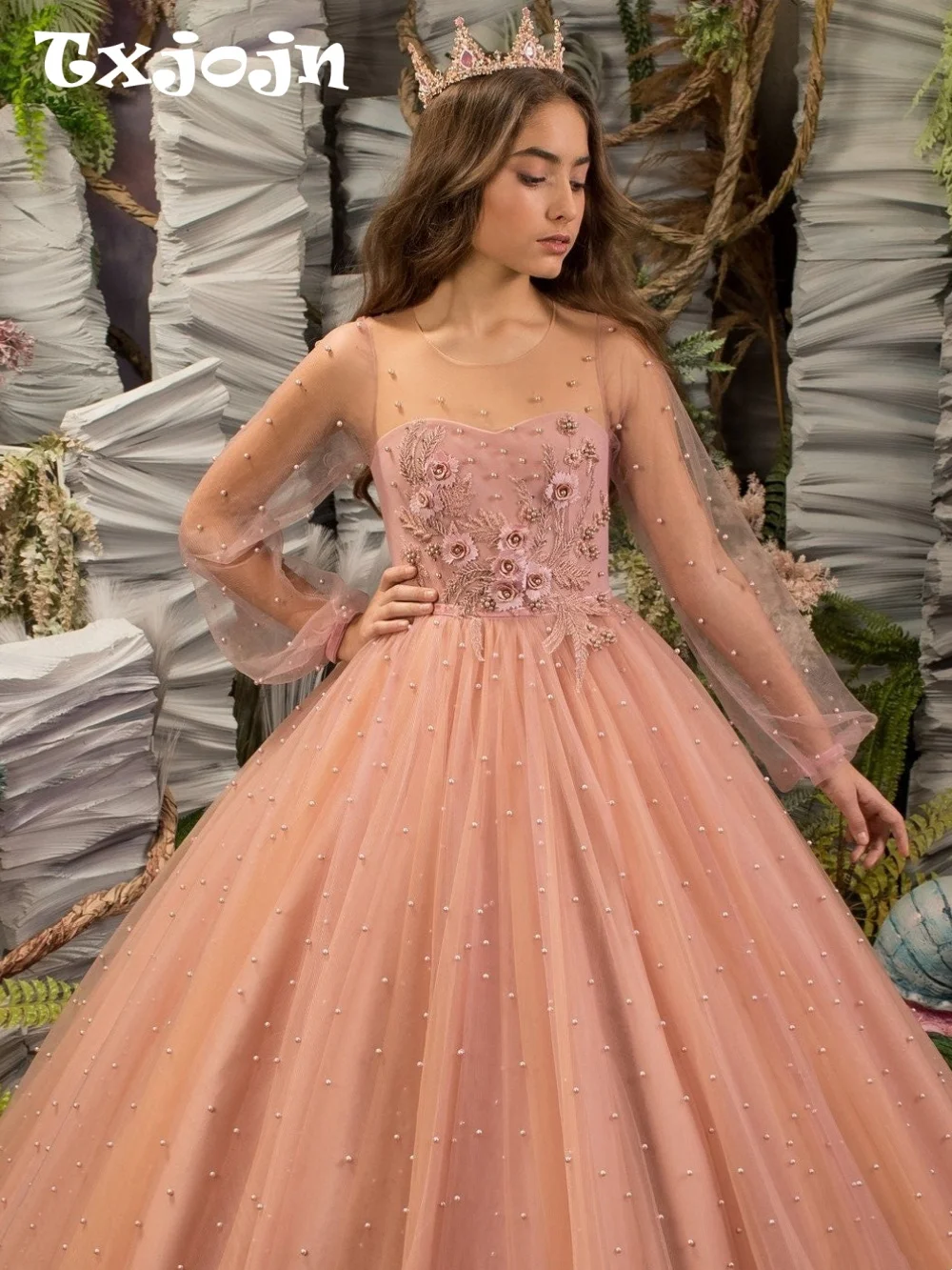 Dusty Pink Girls Pageant Dress Long Sheer Puff Sleeve 3D Floral Pearls Tulle Ball Gown For Kids Birthday Wedding Guest Wear