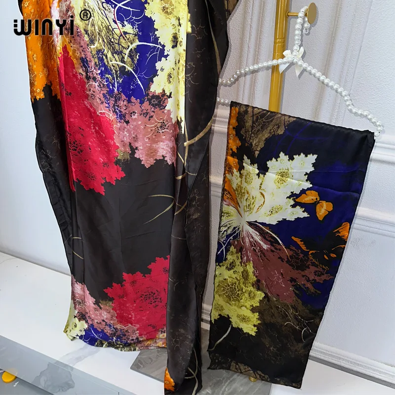 WINYI muslim women clothing african dubai abaya Crew Neck Long Sleeve Kaftan Dress, Elegant Maxi Length Dress, evening dress