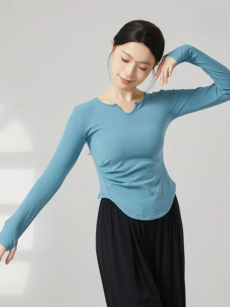 Schlankes, langärmliges, modernes Tanzoberteil mit V-Ausschnitt für Damen, einfarbig, zeitgenössisches Jazz-Probe-Outfit, Übungsbühne, Tanzbekleidung