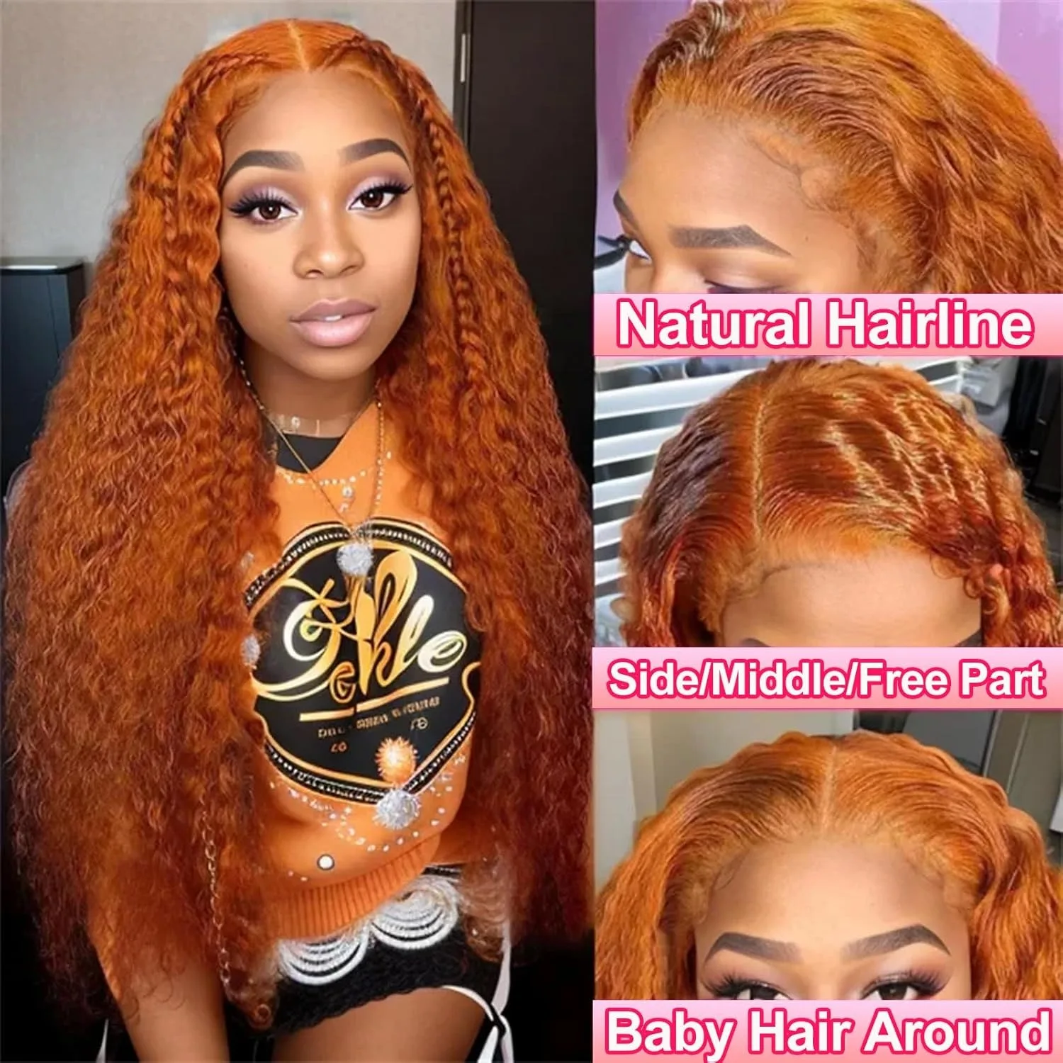 13x6 Orange Ginger Deep Wave HD Transparent Lace Front Wigs Human Hair for Women Water Curly Lace Frontal Colored Wig 350#Ginger