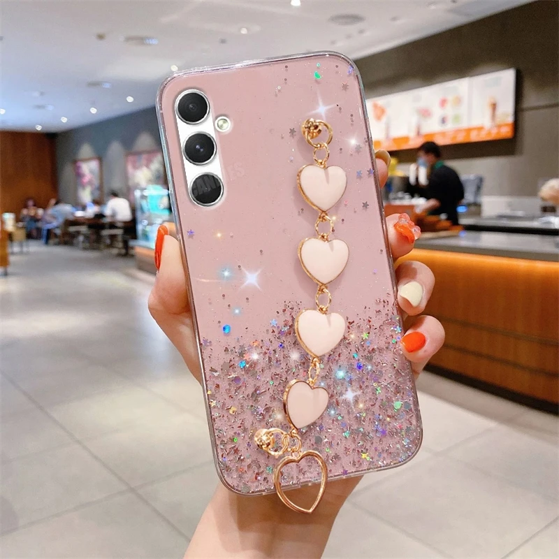 A 15 25 35 55 Love Heart Wrist Chain Glitter Case For Samsung Galaxy A15 A25 A35 A55 A14 M14 M54 M15 Bracelet Silicone Cover S24