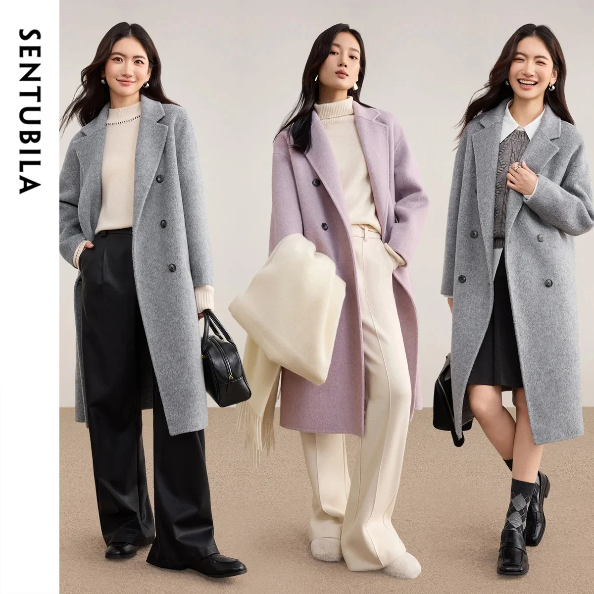 SENTUBILA 70S Wool Women Double‑face Wool Overcoat 2026 Winter Ladies Notch Lapel Thick Warm Mid‑length Woolen Coat W54OA8789