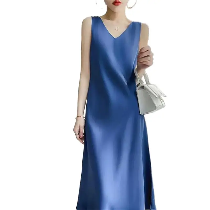 New Korean Harajuku Satin silk Party Dress Casual Sundress 2024 Summer Elegant Women Acetate satin Dress Vestido Mujer