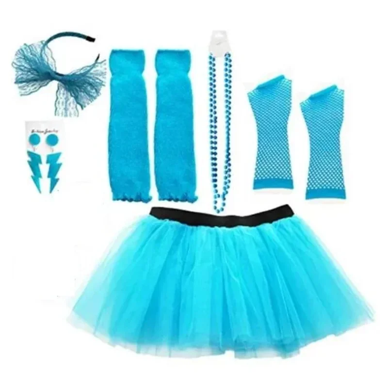 80s Costumes Accessories Set for Women Tutu Skirt Butterfly Hair Band Necklace Lightning Earrings Fishing Net Gloves Long Sleeve