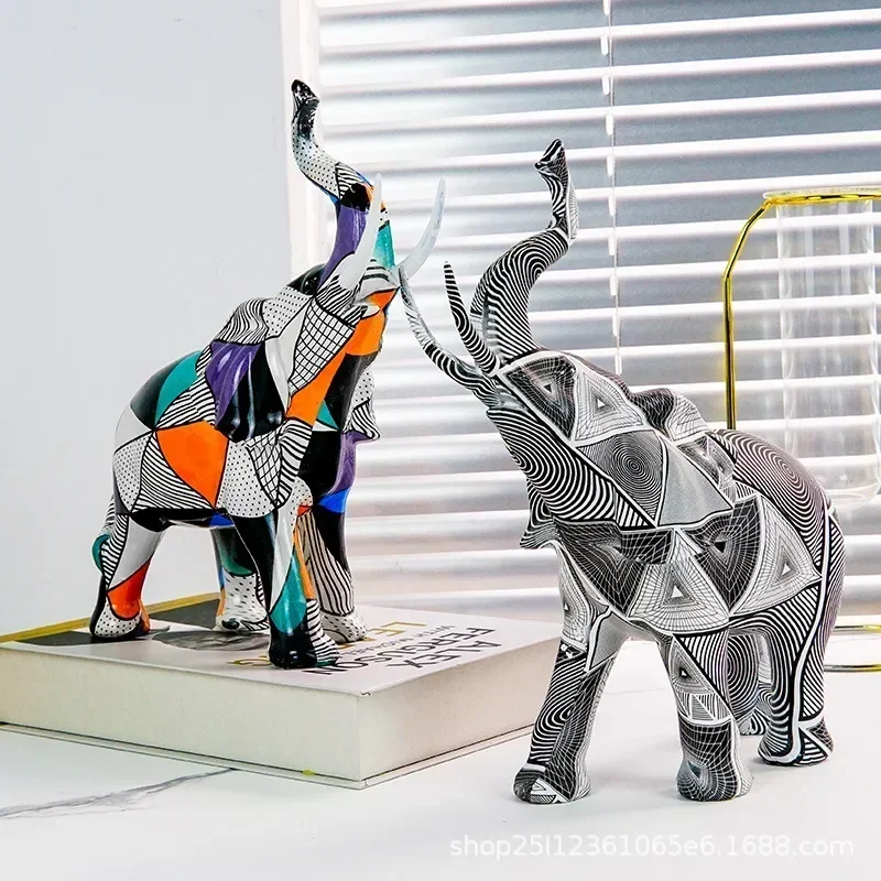 Geometric pattern Oil Paintings Elephant statue Modern decoration home Resin animal sculpture  decor  North American style