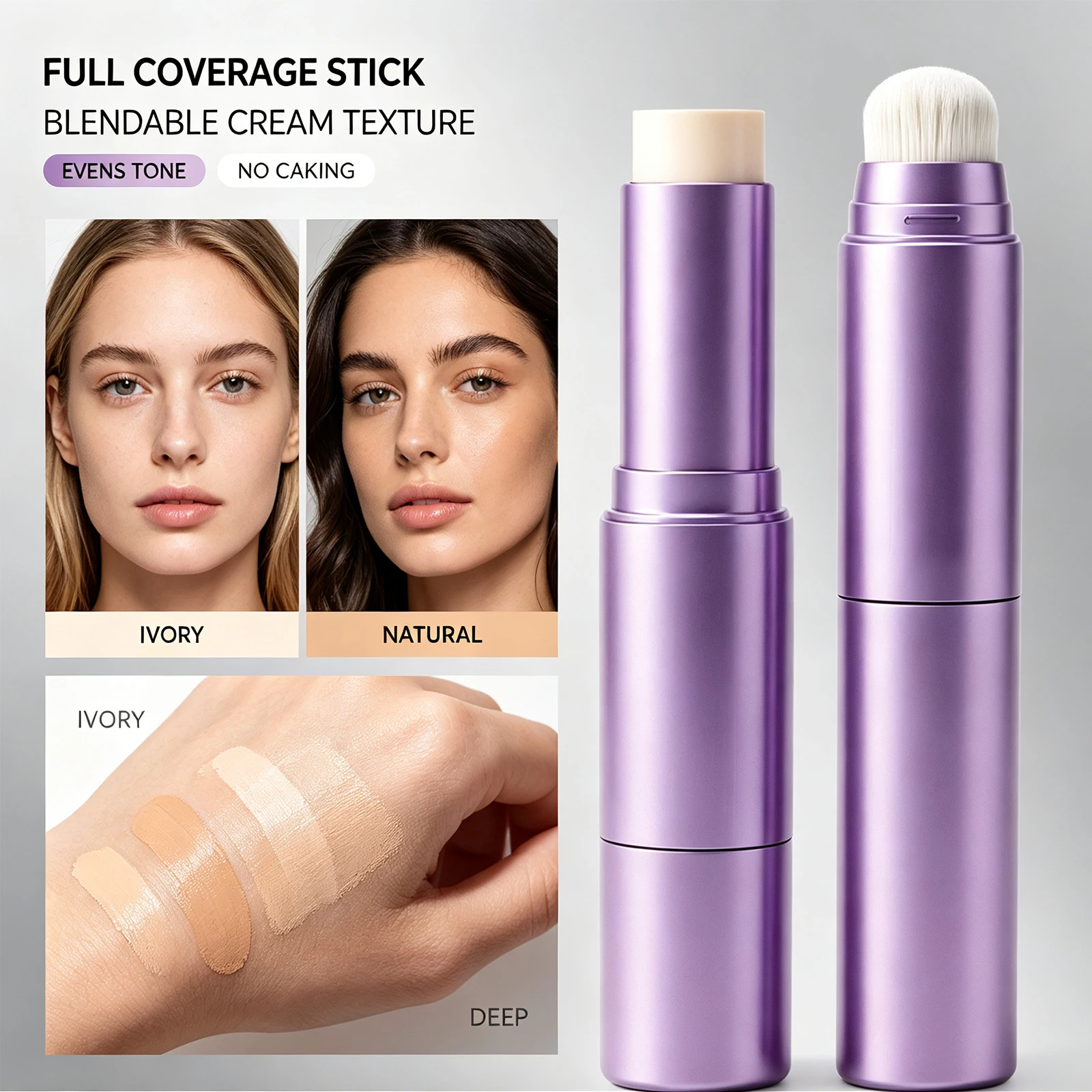 2 in 1 Color Changing Foundation Stick Dual Ended Brush Design Lightweight Natural Fit Skin Long Lasting Smooth Texture 10g