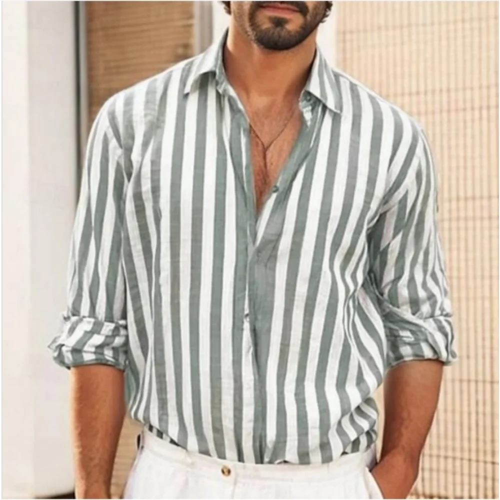 

Мужская летняя модная полосатая рубашка с короткими рукавами и лацканами, мужской повседневный кардиган на пуговицах, подходящий для прогулок на открытом воздухе