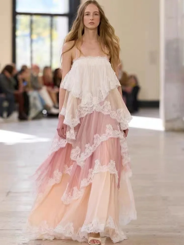 Vestido maxi sem mangas com apliques de renda de alta qualidade com camadas em camadas para mulheres vestido longo de férias