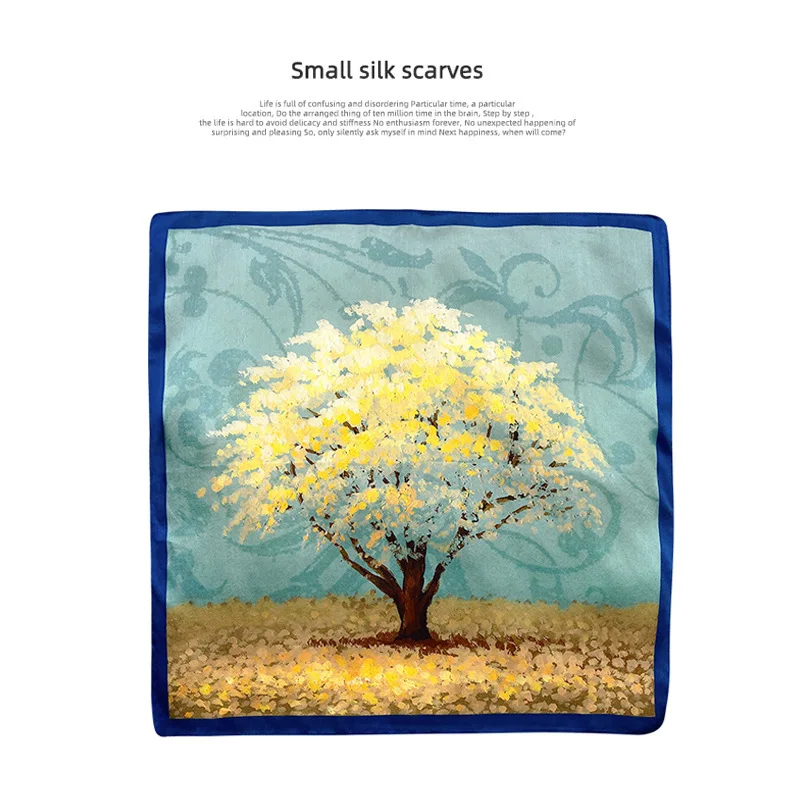 Spring/Summer Golden Tree Print Neck Scarf Outdoor Decoration Wrap for Women Breathable 70*70cm Imitation Silk Square Scarf