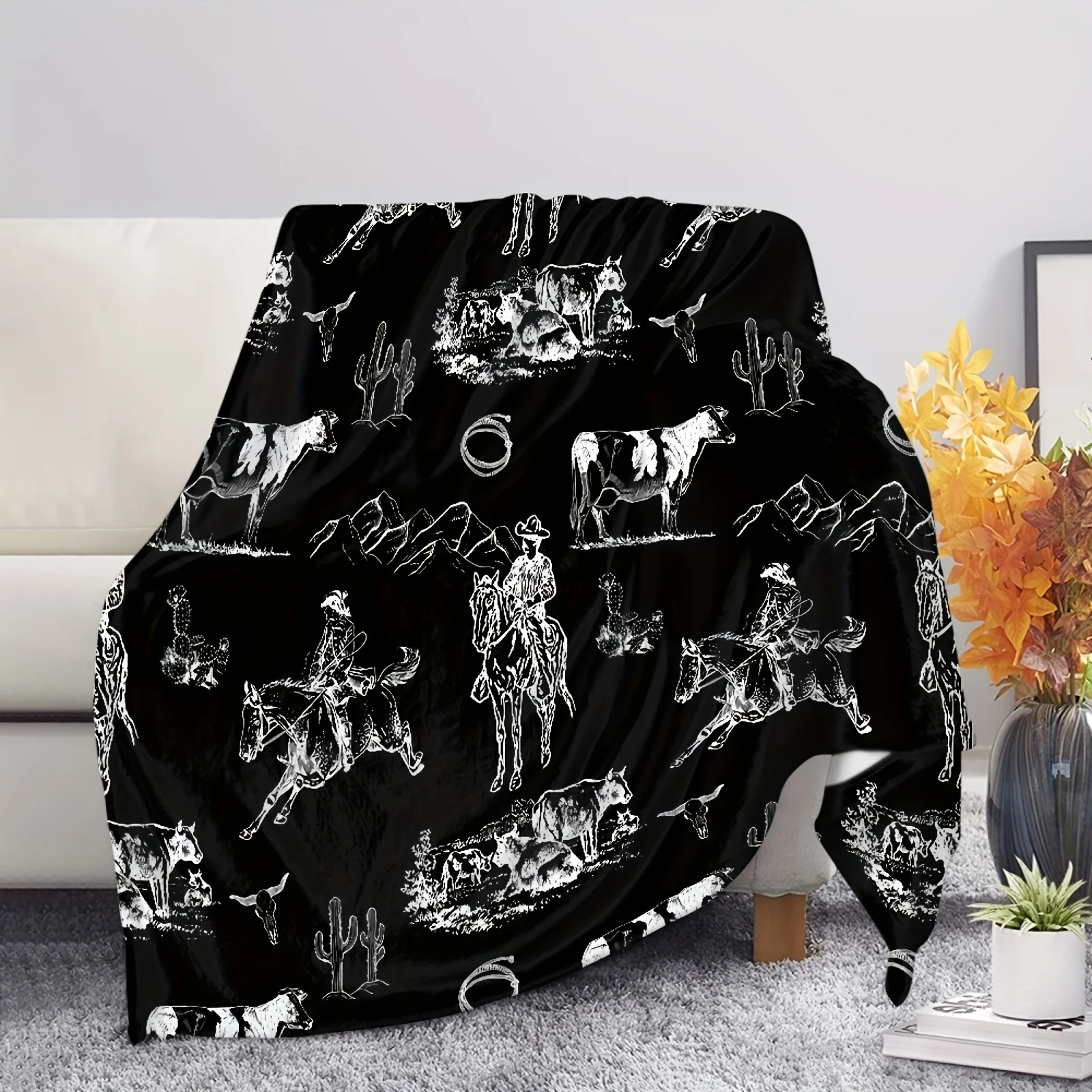 

Western Cowboy Cactus Flannel Blanket Soft Warm Tear Resistant for Rustic Home Decor Country Style Living