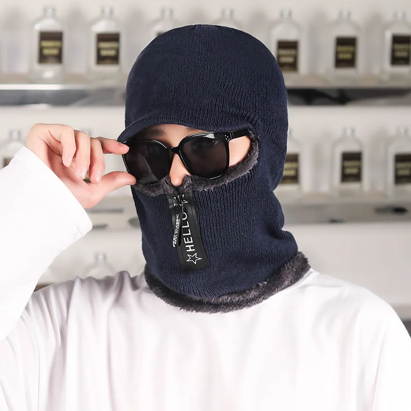 Pelúcia dos homens balaclava forrado malha chapéu de inverno com zíper, engrossar gorros quentes, máscara facial orelha, Neckwarmer Cap