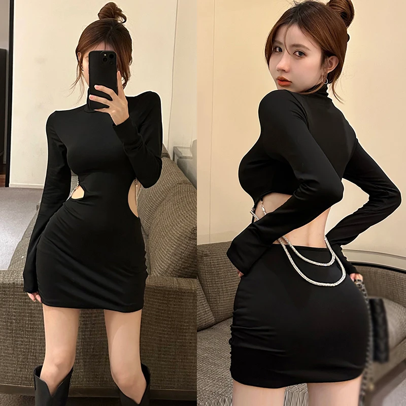 Vestido ajustado de manga larga para mujer, Cuello medio alto, color sólido, a la moda