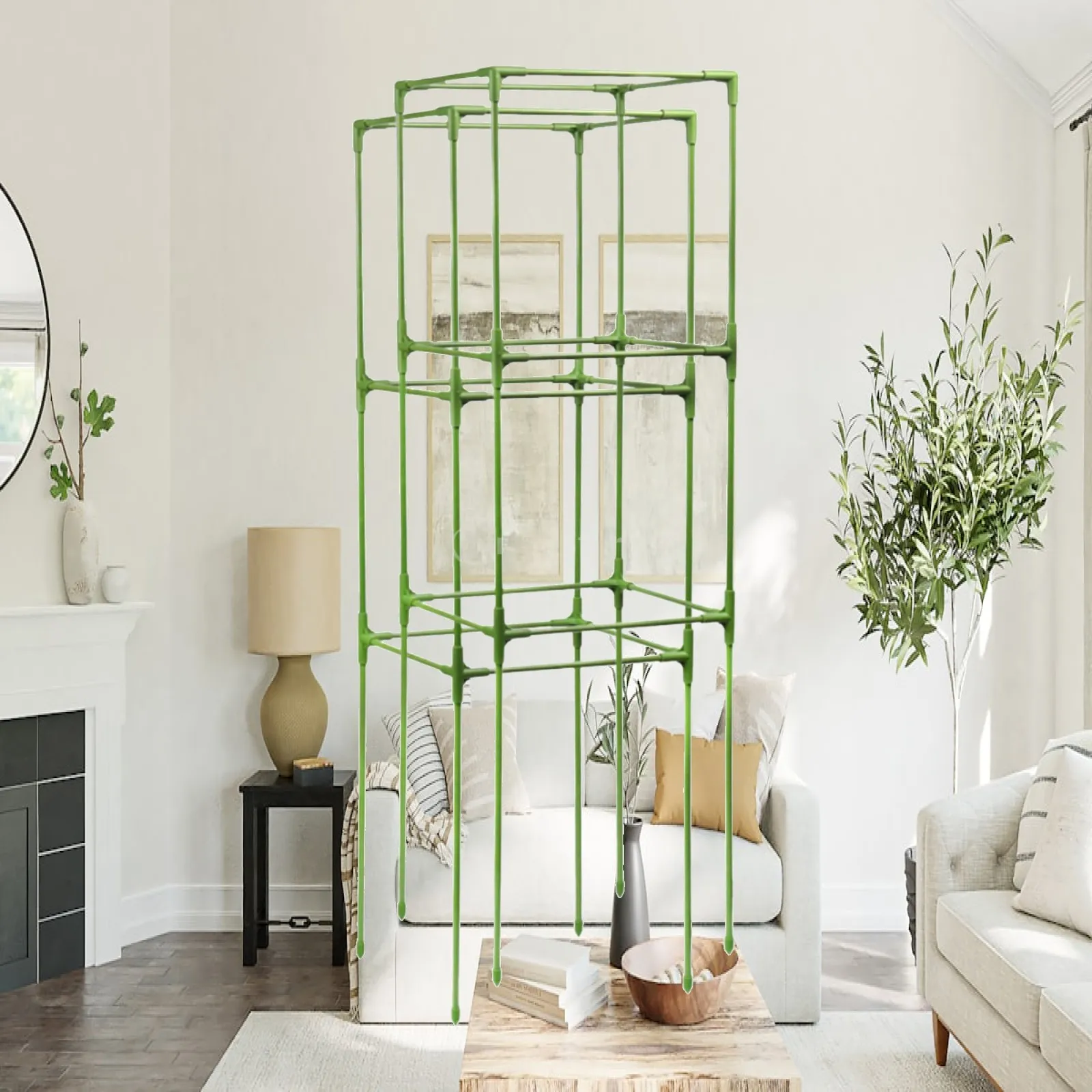 2 x Square Tomato Cages Plant Stand Quick Snap Assembly , Secure Ground Anchoring Accessory Fiberglass Stakes Multifunctional