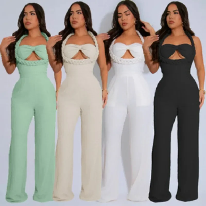 Women Weave Halter Neck Backless Wide Leg Jumpsuit 2025 Chic Summer Sexy Party Club Night One Piece Suit Playsuit Romper