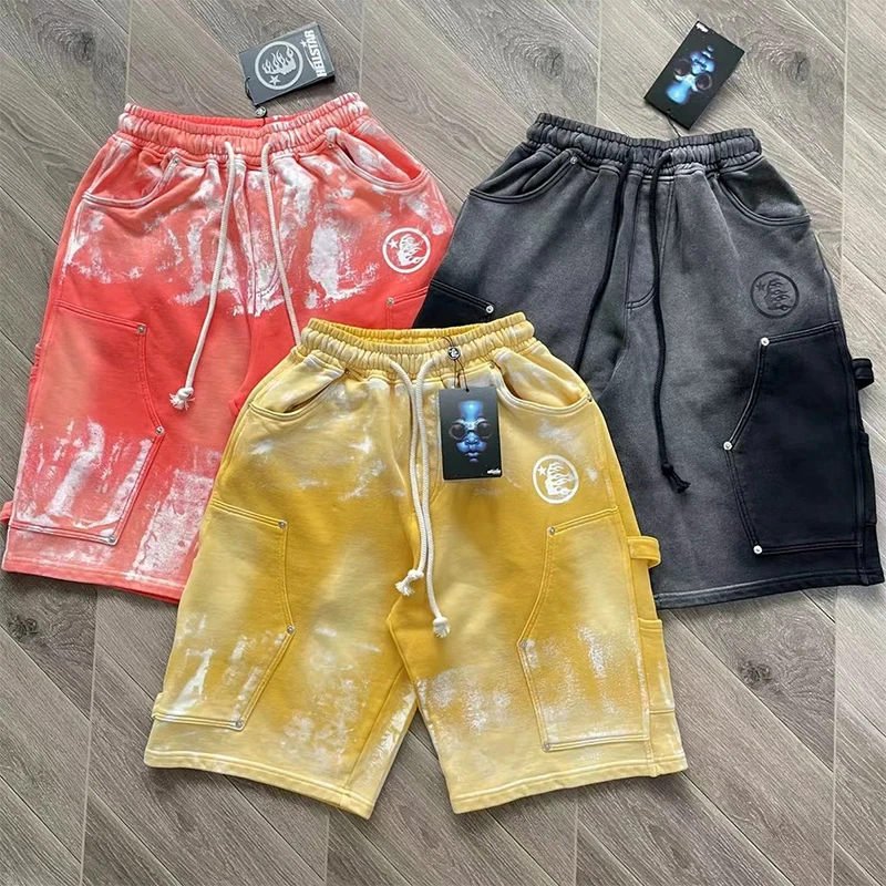 Hellstar Unisex Cotton Snap Knee-Length Shorts, Casual Sports Five-Point Shorts With Snap Button Design For Street Daily Wear