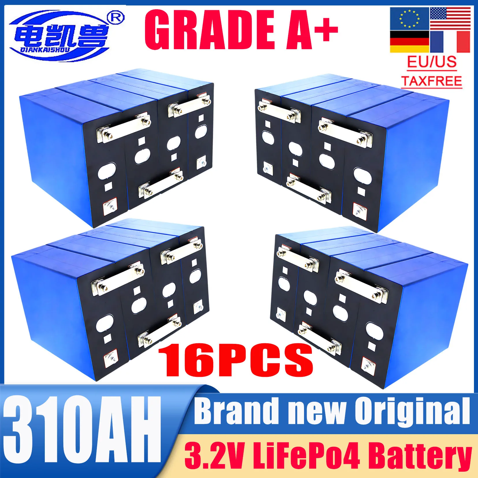 

16PCS 3.2V 310Ah LifePO4 battery DIY 48V High quality A-class RV electric camping vehicle solar rechargeable battery tax exempt