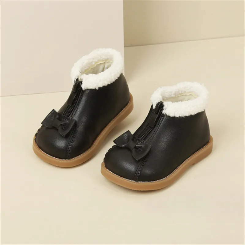 2023 New Autumn/Winter Baby Boots  Leather Butterfly-knot Girls Princess Shoes Zip Soft Sole Fashion Toddler Girls Boots