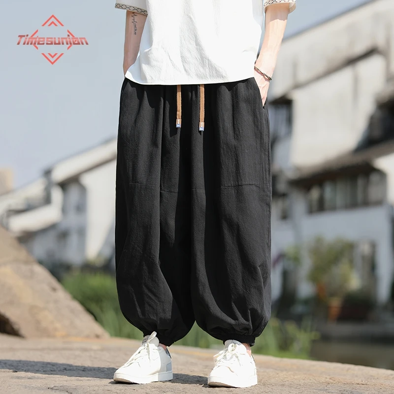 

Breathable Men Wide Leg Pants Men Dark Wind Solid Color Casual Pants Japanese Styles Harun Pants Men Cotton Linen Lantern Pants