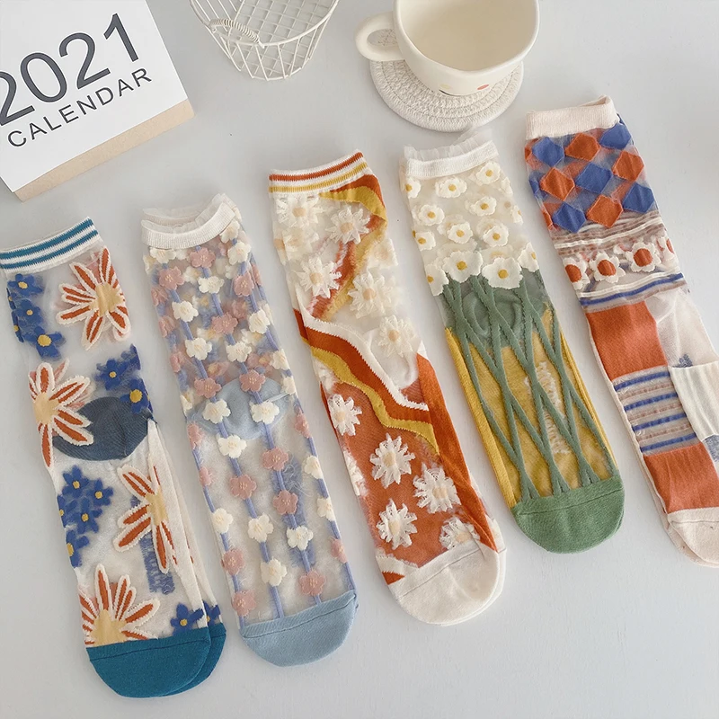 Sexy Lace Flower Glass Silk Tide Sock Novelty Harajuku Retro Crystal Silk Socks Ultra-thin Transparent Long Socks Korean Summer