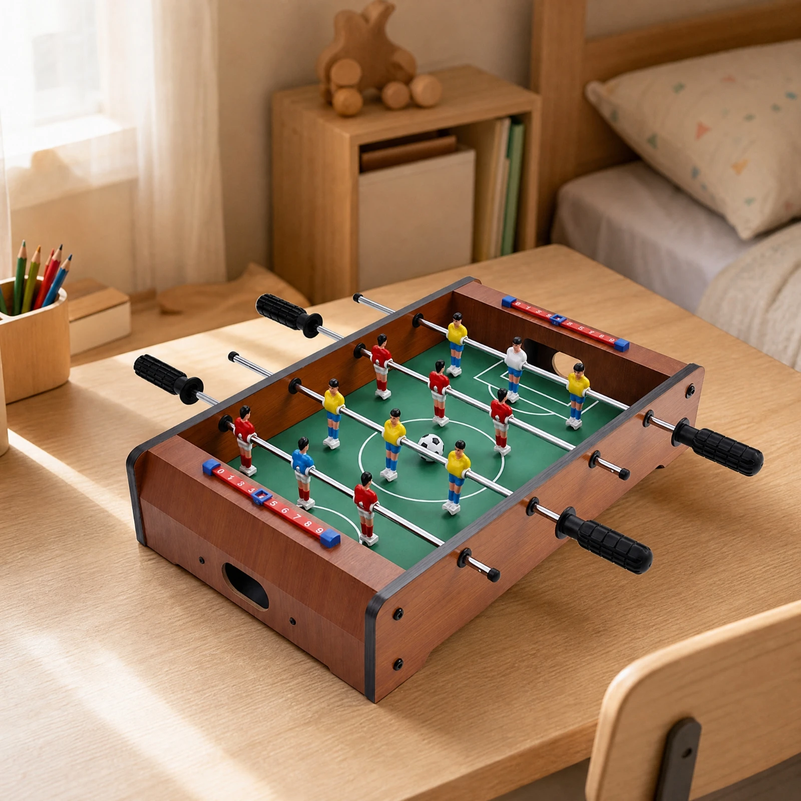 Mini Foosball Table Space-Saving Wooden Tabletop Foosball Game Mini Table Football Game Lightweight Portable for Families