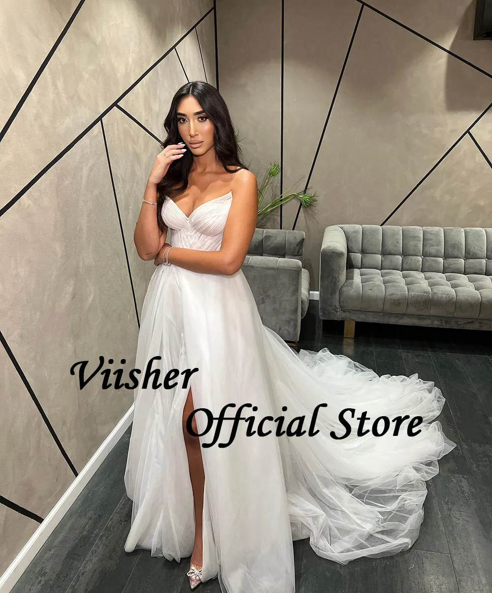 Viisher-White Querida Split Draped Tulle Vestido de Noiva, Simples Vestidos De Noiva Civil, Sexy Praia Vestido De Noiva