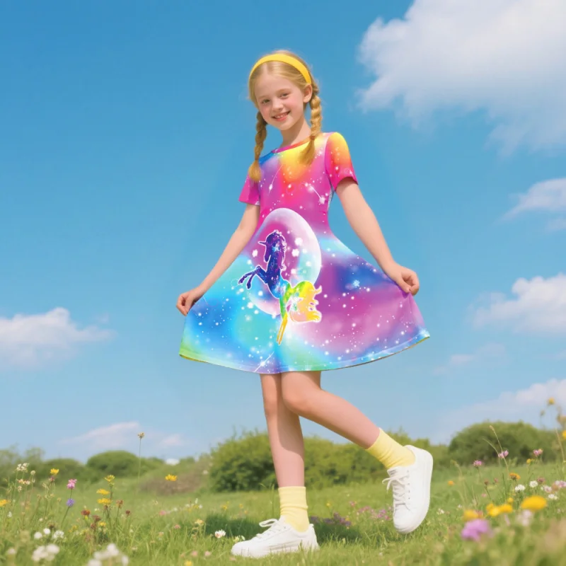 

2025 Girl's Dream Unicorn, Rainbow Print, Elegant Crew Neck Dress
