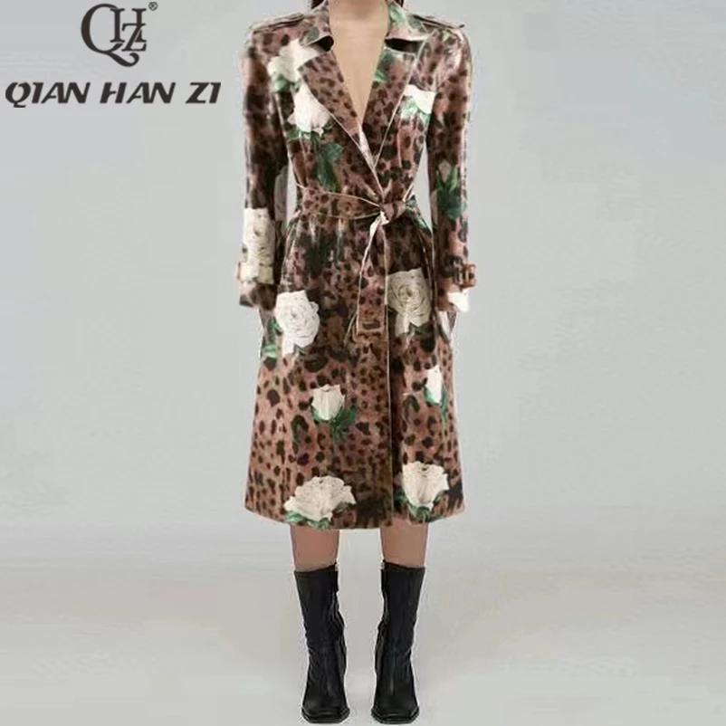 

QHZ Designer Fashion Vintage Trench coat Women Turn down Collar Flower leopard print Open Stitch belt Glossy leather jacket long