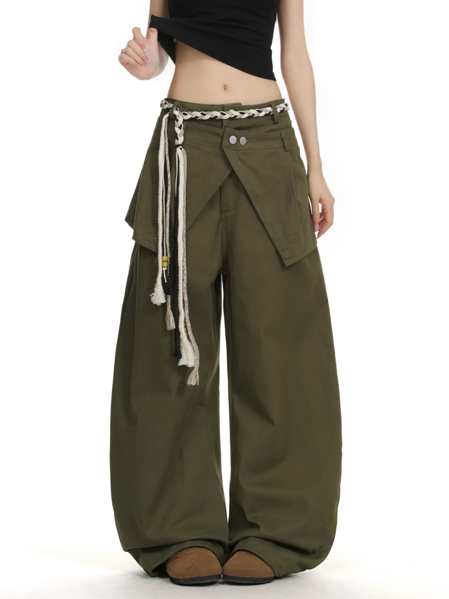 الأمريكية الرجعية نسج حزام الخصر سكين العمل بنطلون المرأة فضفاضة سليم واسعة الساق سراويل تقليدية عادية Sle l الخصر #2