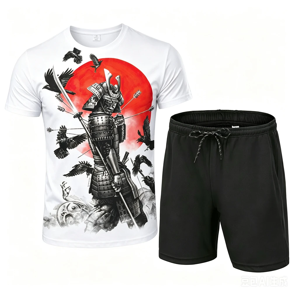 

Summer Men's Sets Funny Japan Samurai Print Short Sleeve Tees and Shorts 2 Piece Hip Hop Trend Man Suits Fashion Casual Outfit