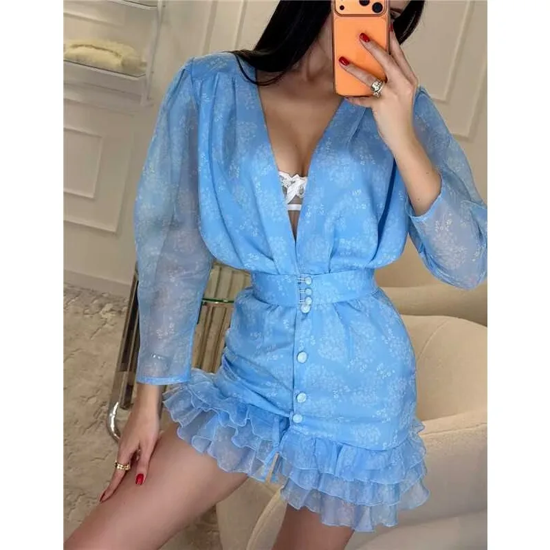 CHARMCHANT Women's Satin Mini Dress 2026 Deep V Puff Long Sleeve Belted Waist Ruffle Hem Bodycon Party Club Short Dress