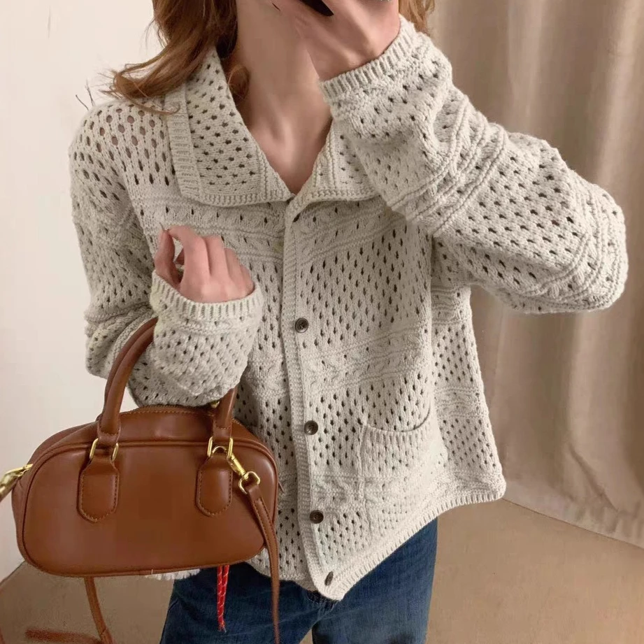

2026 Cut Out Women Cardigan Sweaters Solid Jumpers Knitted Turndown Collar Long Sleeves Pockets Loose Fit Casual Autumn Winter