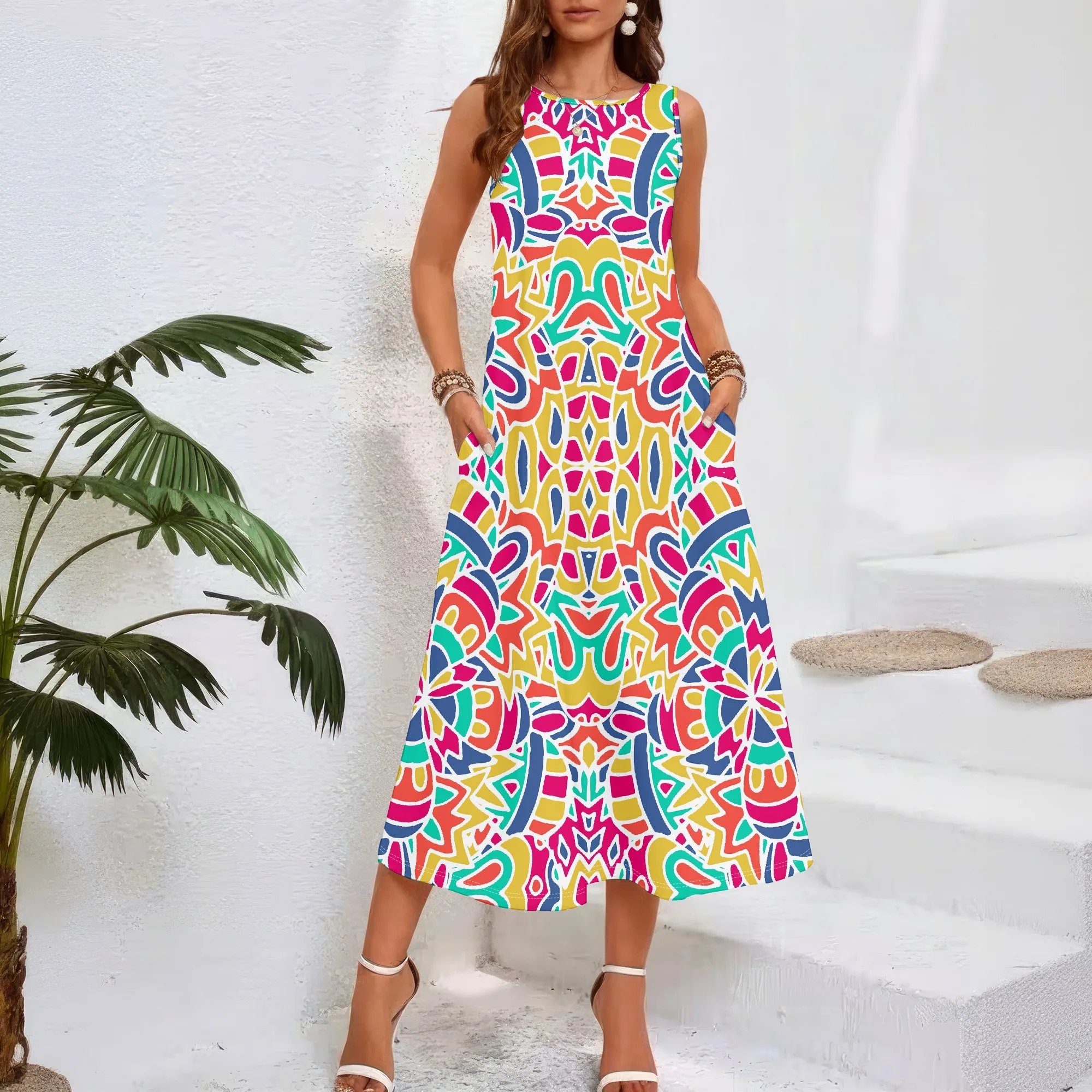 

Women casual loose round neck summer 3D geometric print black style sleeveless large swing dress (pocket)