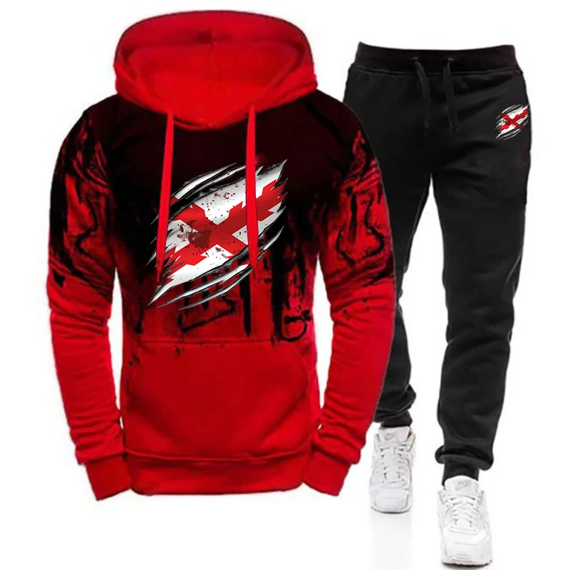 Spring And Autumn Men's 2025 Burgundy Cross Spanish one-third Logo Print High Quality Brand Drawstring Hoodies Pants Suits