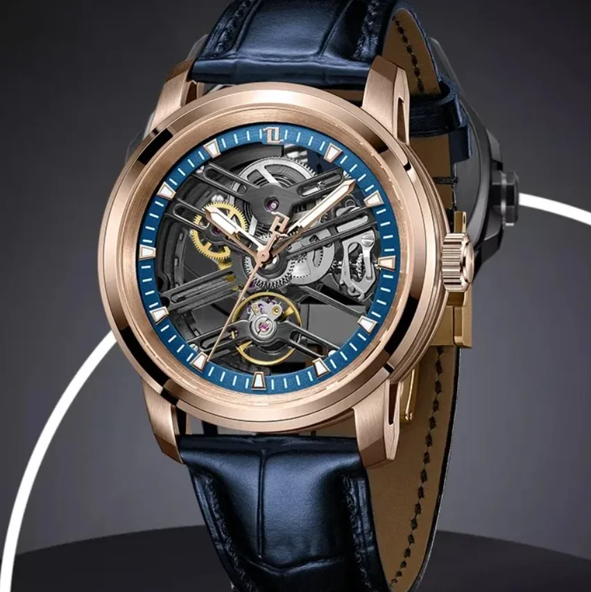 OBLVLO ساعة أوتوماتيكية للرجال 42 ملم ساعة يد ميكانيكية رياضية 5ATM مقاومة للماء هيكل عظمي مضيء قرص ياقوت