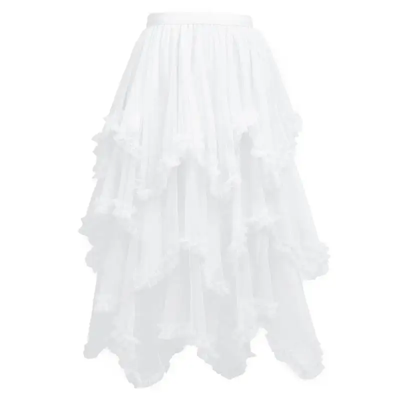 DAZCOS Gothic Asymmetrical Tiered Tulle Skirt for Women Midi Elastic Waist Ruffle Tiered Fairy Skirt Tutu Mesh Fairy Costume