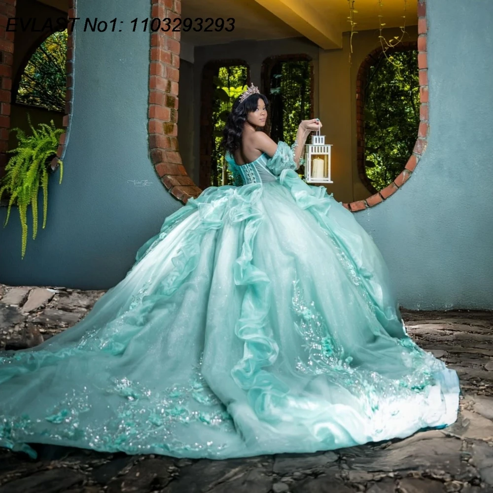 EVLAST блестящее шалфено-зеленое бальное платье на заказ, платье Quinceanera, кружевная аппликация, расшитое бисером, Sweet 16, Vestidos De 15 Anos E1QN294