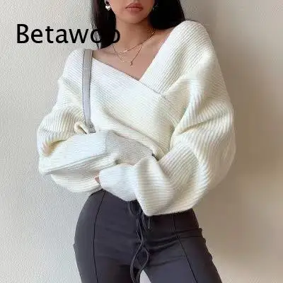 

Women's V-Neck Long Sleeve Knit Pullover Sweater Casual Loose Fit Off Shoulder Tops Winter Warm Jumper Soft Cozy Fashion Outwear