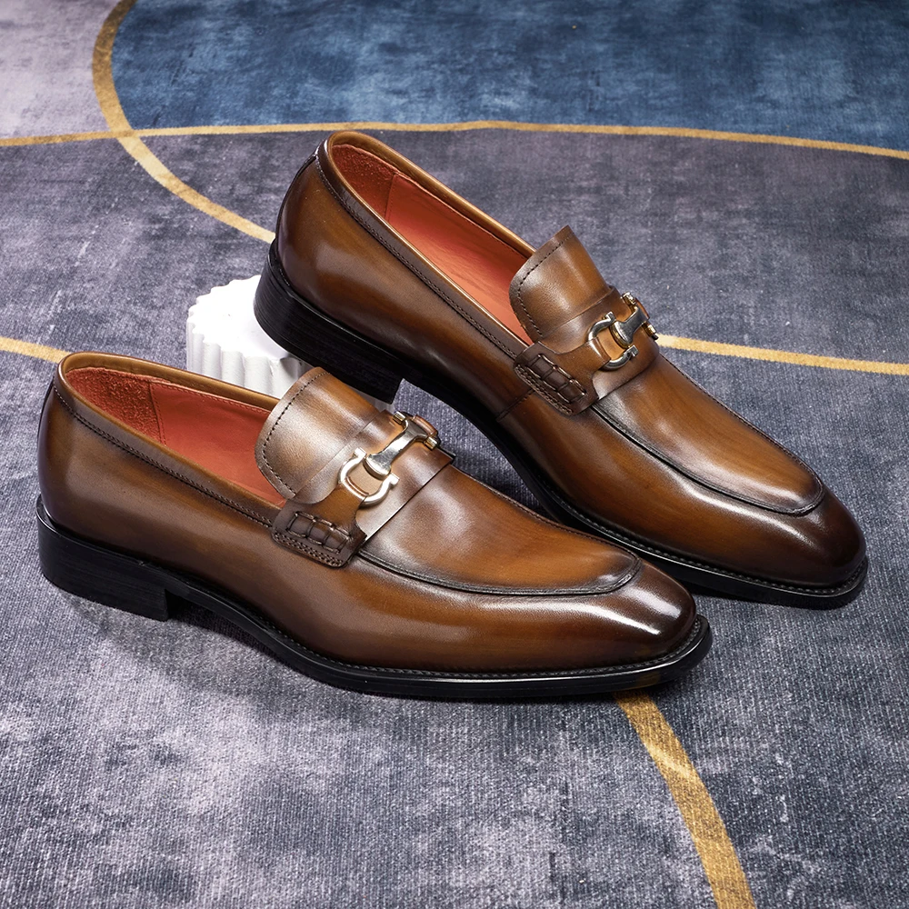 First Layer Cowhide Shoes Men Pointed Rubber Outsole Breathable Lofers Metal Decorative Slip-On Business Casual Leather Oxfords