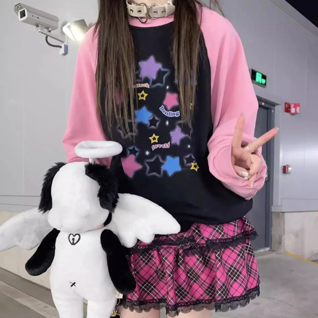 

Sweet Cool Star Print Толстовка женская Harajuku с круглым вырезом свободные лоскутные топы с длинными рукавами Y2k Эстетическая винтажная толстовка