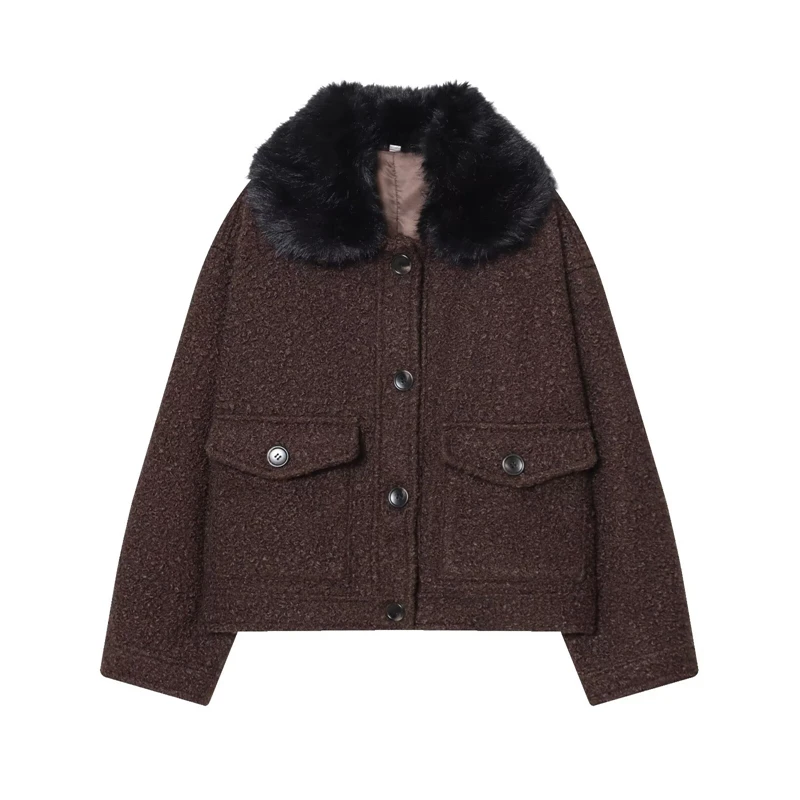 

Warm & Stylish Winter Outerwear Women's Brown Textured Wool Blend Jacket with Black Faux Fur Collar, Button Front Short Coat