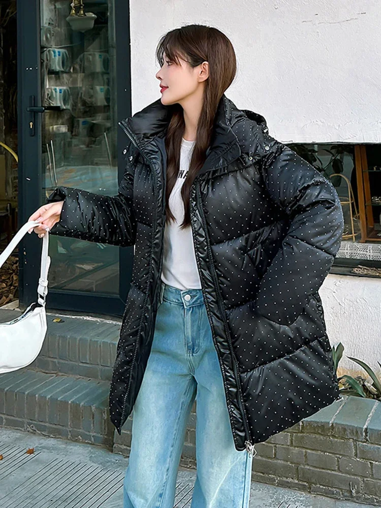 2024 New Korean Snow Wear Winter Women Puffer Jacket Solid Hooded Long Parkas Thicken Warm Clothes Female Cotton Padded Coat