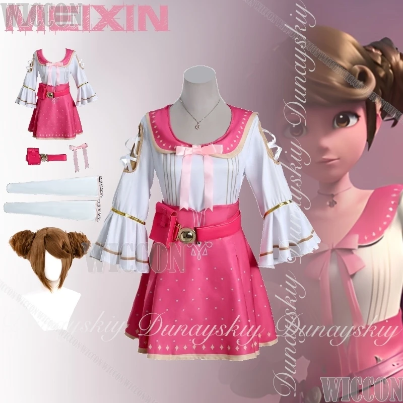 

Meixin Star Academy 3: Pandora's Secret Anime Cosplay White Pink Dress The Brown Updo Wig Halloween Carnival Full Set Outfit Cos