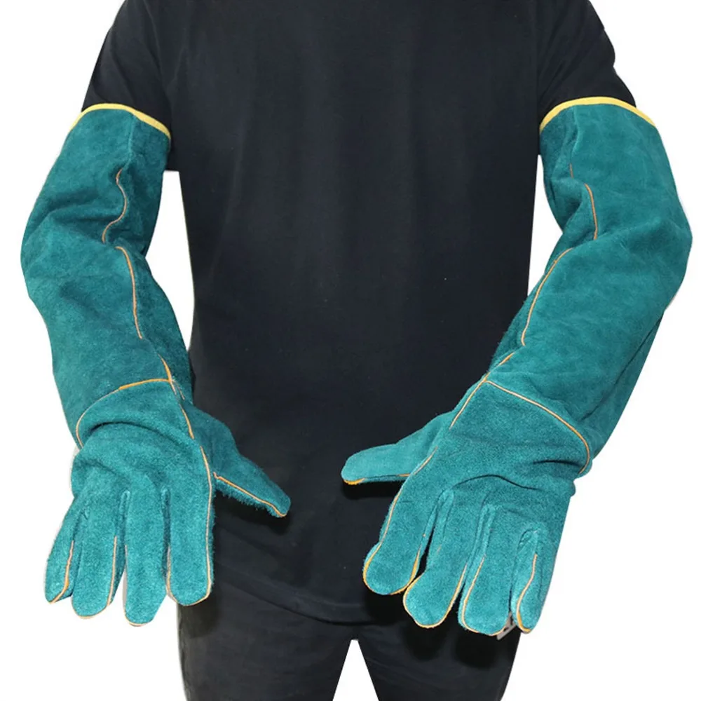 1 pair Double Layer Construction Animal Handling Gloves Outer Cowhide Leather Inner Canvas Lining Forearm Protection Gloves