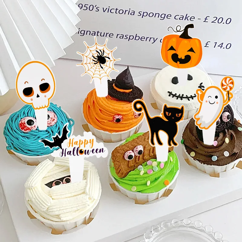 

16PCS Halloween Cake Topper Decor Cartoon Pumpkin Bat Cupcake Insert Halloween Themed Party Dessert Decoration Supplies