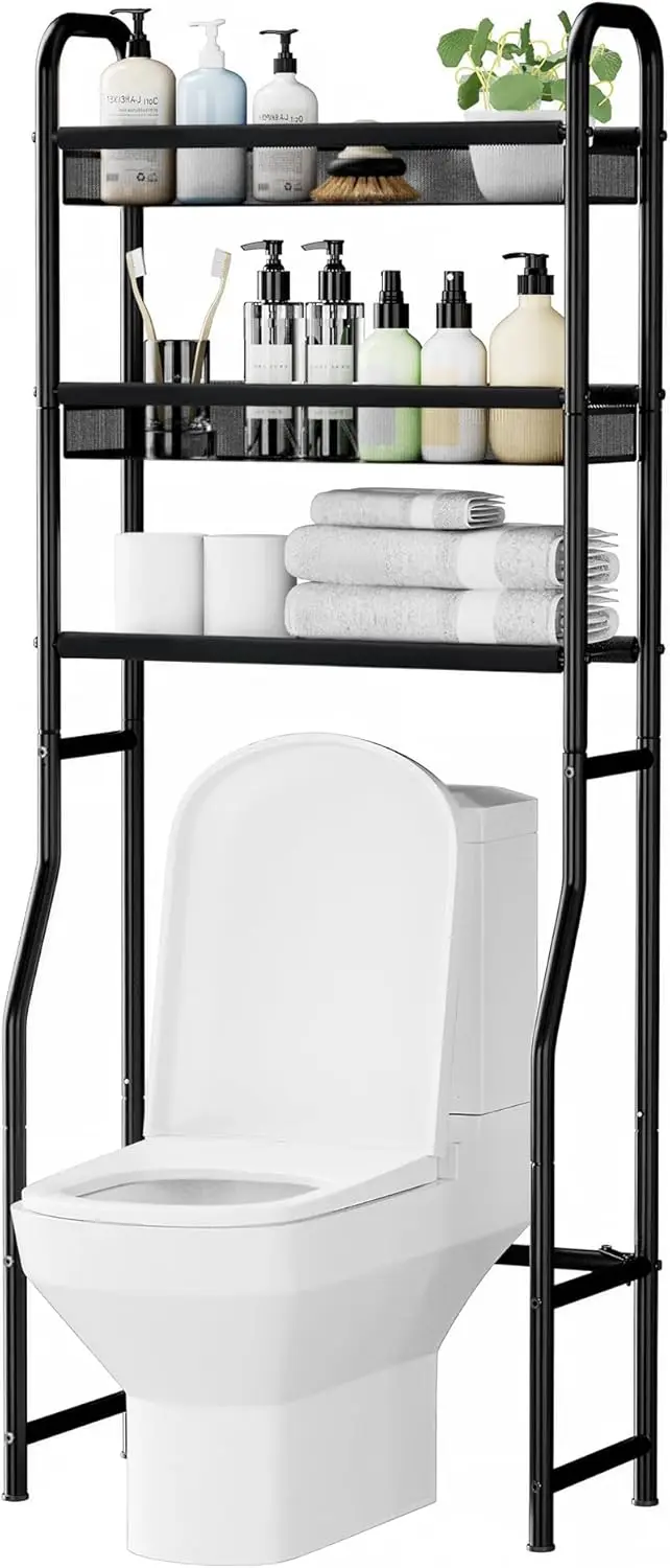 

3 Tier Over The Toilet Storage Shelf, Black Bathroom Over The Toilet Storage Rack, Space Saving Above Toilet Storage Shelf wi