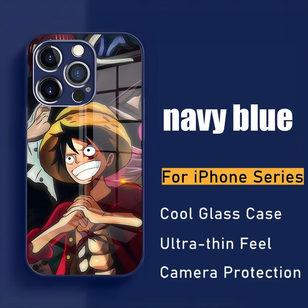 O-one Pieces Phone Case 2024  New For IPhone 14 Pro 13 15 11 12 XR XS MAX 7 8 X Plus 13 Navy Blue Glass Covers