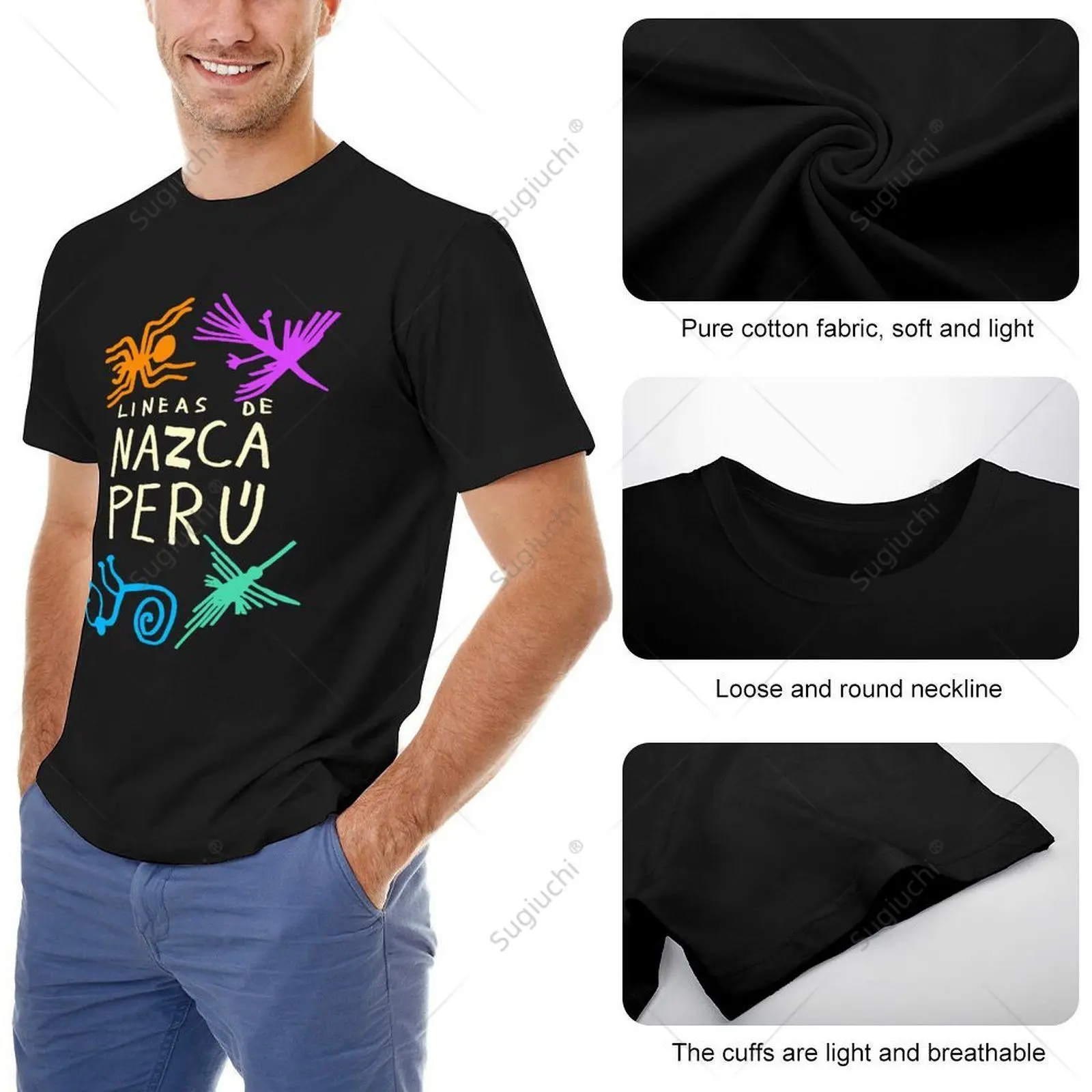 Unisex peruano linho De Nazca t-shirt, 100% algodão Tees para homens e mulheres, meninos