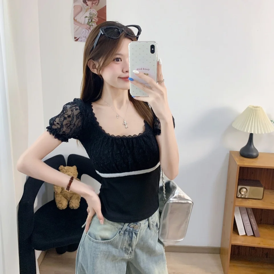 Summer New Sweet Style T-Shirt Lace Splice Slim Fit Bubble Sleeve Fixed Band Chest Pad Short Sleeve Square Collar Top for Women