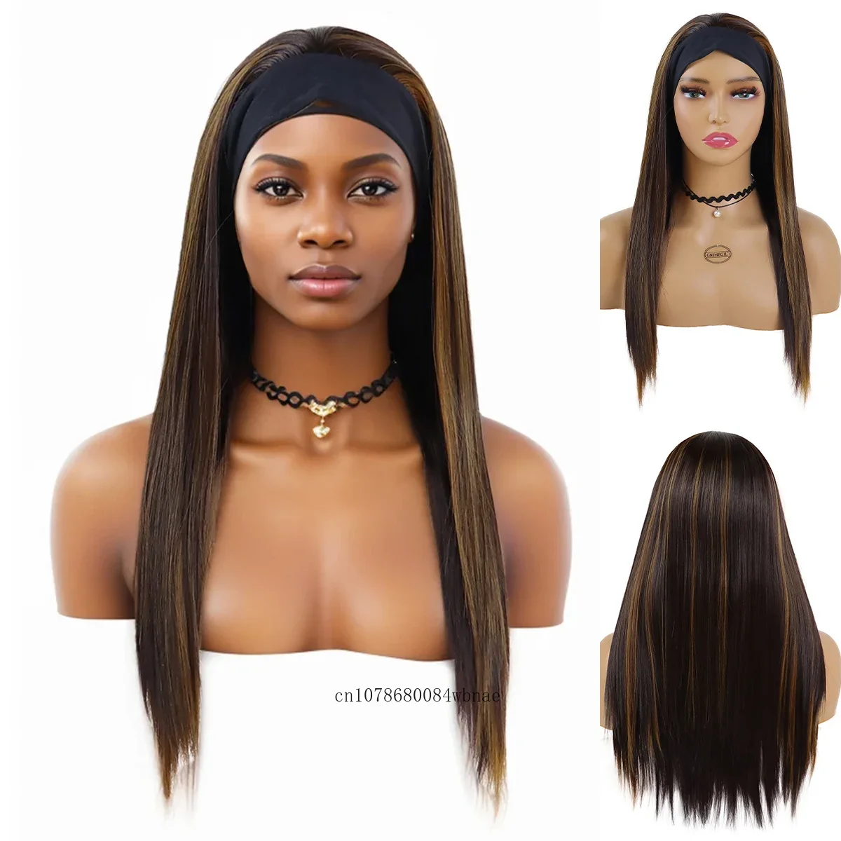 Synthetic Brown Headband Wig for Black Women 23 Inch Long Straight Highlighted Wigs Heat Resistant Natutal Looking Daily Party