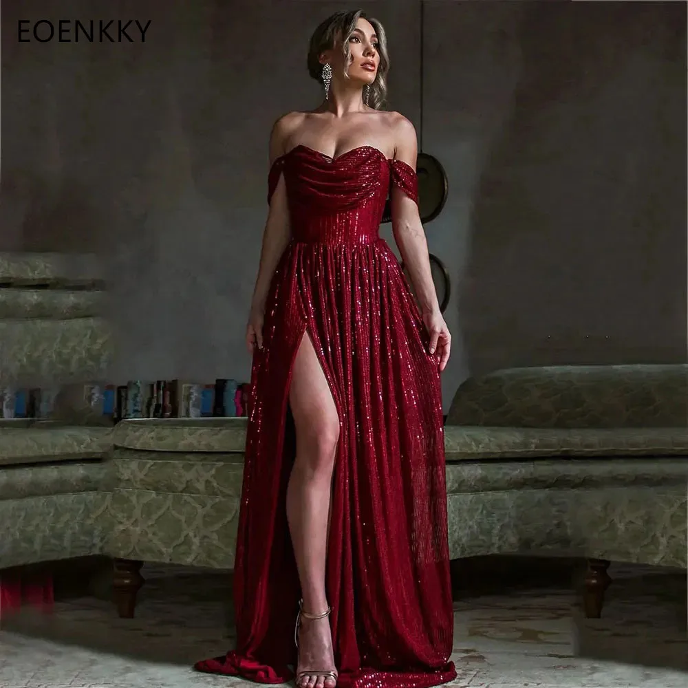 

Customized Sparkling Sequin Evening Dresses Wine Red Off Shoulder A-Line Side Slit Prom Dress Elephant Women Formal Party Dress